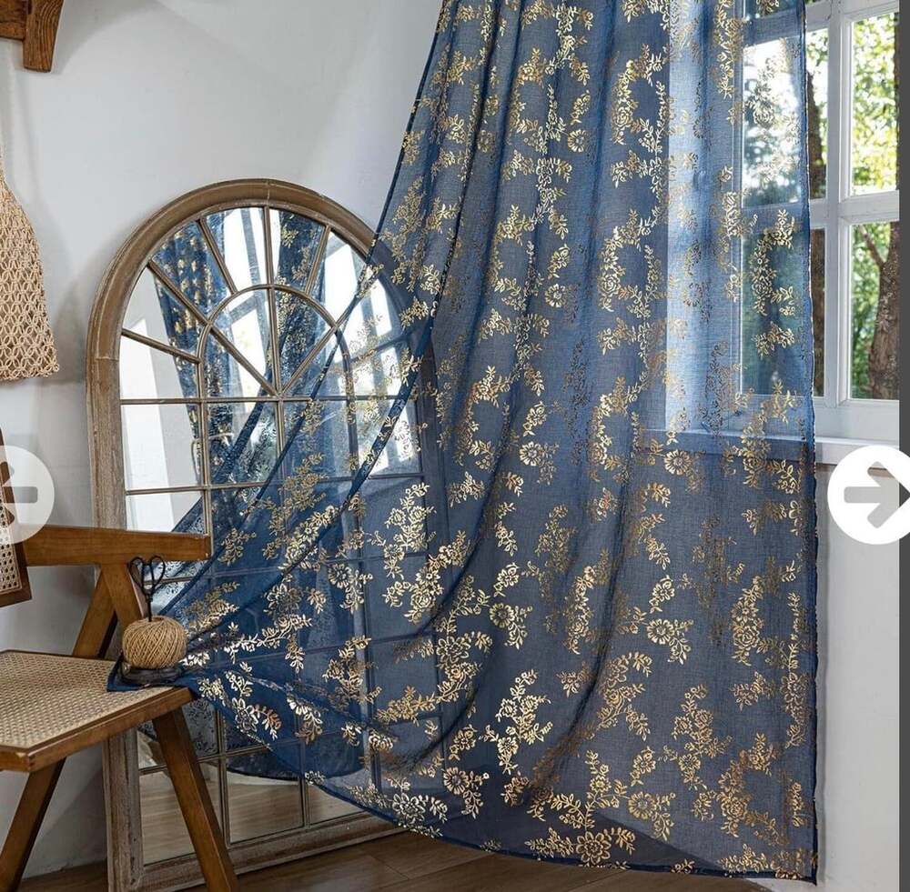 Navy Blue Gold Foil Sheer Curtains 84”x52” Metallic Rose Print Rod Pocket Drapes